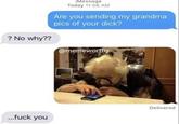 iMessage Today 11:56 AM Are you sending my grandma pics of your d---? ? No why?? @memeworthy Delivered ..f--- you