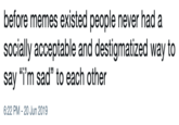 before memes existed people never had a socially acceptable and destigmatized way to say “i’m sad” to each other before memes existed people never had a socially acceptable and destigmatized way to say "i'm sad" to each other 6:22 PM 20 Jun 2019