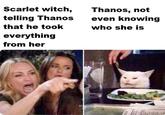 Scarlet witch, Thanos, not even knowing telling Thanos that he took who she is everything from her Facial expression Photo caption Internet meme Cat Human Organism