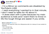 JoJo Siwa! @itsjojosiwa - I'm a Minor so comments are disabled by YouTube's LAW. I said everything I wanted to in that minute, I don't need to talks for 45 about it. - It does start with a joke because my main audience is kids and I want them to know in life the tough things are easier if you smile. Steve Lookner @lookner This is an odd response video from @itsjojosiwa after her makeup kit was recalled for asbestos -It's 1 minute long -It starts with a joke Show this thread 8:06 AM -18 Jun 2019