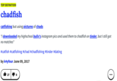 TOP DEFINITION chadfish catfishing but using pictures of chads "I downloaded my highschool bully's instagram pics and used them to chadfish on tinder, but I still got no matches" #catfish #catfishing #chad #chadfishing #tinder #dating by k4yfour June 09, 2017 27
