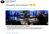 David Hogg @davidhogg111 Thoughts and prayers @DLoesch @stinchfield1776 NRATV 94 OMIC N.R.A. Shuts Down Production of NRATV The National Rifle Association shut down its live broadcasting arm on Tuesday night and severed ties with its estranged advertising firm. nytimes.com 11:07 PM - 25 Jun 2019