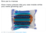 Sco pa tu manaa How many pieces did you see inside while you were growing up? SASTERS GLEWBISCOTY BISCUITS COASTERS NEWBISCO aUALITY DISCUIT COASTERS NAWPIEU STERS w 2:11 PM - 21 Jun 2019 from Victoria Island, Nigeria