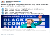 Elizabeth Warren @ewarren Here's what's covered under my new plan to protect U.S. elections: No more voter registration problems No more voter purges No more gerrymandering Election Day will be a federal holiday BET NEWS PRESENTS BLACK ECONO ALLIA Elizabeth Warren has a new plan to make voting easier Warren's plan is a mix of progressive ideas to expand access to voting and boost election security vox.com 3:56 PM 27 Jun 2019