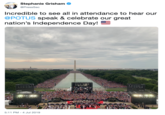 Stephanie Grisham @PressSec Incredible to see all in attendance to hear our @POTUS speak & celebrate our great nation's Independence Day! 5:11 PM 4 Jul 2019