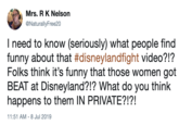 Mrs. R K Nelson @NaturallyFree20 I need to know (seriously) what people find funny about that #disneylandfight video?!? Folks think it's funny that those women got BEAT at Disneyland?!? What do you think happens to them IN PRIVATE?!?! 11:51 AM 8 Jul 2019