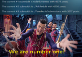 The current #1 subreddit is r/dankmemes with 4579 posts. The current #2 subreddit is r/AskReddit with 4250 posts. The current #3 subreddit is r/PewdiepieSubmissions with 3217 posts. are number one! We