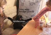 train with broken brakes spiderman left building right building