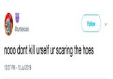 Turtlekiosk Follow @turtlekiosk nooo dont kill urself ur scaring the hoes 10:07 PM -10 Jul 2019