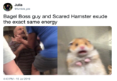 Hamster Julia @fumble_pie Bagel Boss guy and Scared Hamster exude the exact same energy 4:43 PM 10 Jul 2019
