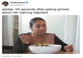 nicole boyce nicolewboyce adidas .03 seconds after asking grimes about her training regiment 6:33 AM - 16 Jul 2019