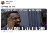 Hiba Tahir hhtahir Grimes be like CAN'T HAVE SEASONAL DEPRESSION OPEnin Mn IF YOU CAN'T SEE THE SUN 12:19 PM-16 Jul 2019