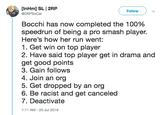 [InHm] SL I 2RP Follow @2RPSoCal Bocchi has now completed the 100% speedrun of being a pro smash player. Here's how her run went: 1. Get win on top player 2. Have said top player get in drama and get good points 3. Gain follows 4. Join an org 5. Get dropped by an org 6. Be racist and get canceled 7. Deactivate 1:11 AM - 20 Jul 2019