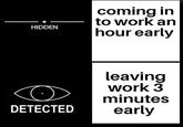 coming in to work an hour early HIDDEN leaving work 3 minutes early DETECTED