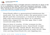 Louise Matsakis @Imatsakis I don't believe that a single person intends to give a tip to a multibillion dollar venture-backed startup. They are trying to tip the person who delivered their order. This deceptive model should be illegal nytimes.com/2019/07/21/nyr... DoorDash offers a guaranteed minimum for each job. For my first order, the guarantee was $6.85 and the customer, a woman in Boerum Hill who answered the door in a colorful bathrobe, tipped $3 via the app. But I still received only $6.85. Here's how it works: If the woman in the bathrobe had tipped zero, DoorDash would have paid me the whole $6.85. Because she tipped $3, DoorDash kicked in only $3.85. She saving DoorDash $3, not tipping was me. 1:58 PM Jul 21, 2019 Twitter for iPhone
