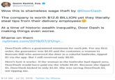 Qasim Rashid, Esq. @QasimRashid Wow this is shameless wage theft by @DoorDash The company is worth $12.6 BILLION yet they literally steal tips from their delivery employees At a time of historic wealth inequality, Door Dash is making things even worse. Shame on them nytimes.com/2019/07/21/nyr... DoorDash offers a guaranteed minimum for each job. For my first order, the guarantee was $6.85 and the customer, a woman in Boerum Hill who answered the door in a colorful bathrobe, tipped $3 via the app. But I still received only $6.85 Here's how it works: If the woman in the bathrobe had tipped zero, DoorDash would have paid me the whole $6.85. Because she tipped $3, DoorDash kicked in only $3.85. She was saving DoorDash $3, not tipping me 9:14 AM Jul 22, 2019 Twitter for iPhone
