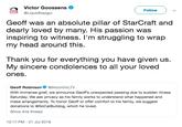 Victor Goossens Follow MARVEL @LiquidNazgul Geoff was an absolute pillar of StarCraft and dearly loved by many. His passion was inspiring to witness. I'm struggling to wrap my head around this Thank you for everything you have given us. My sincere condolences to all your loved ones. @INcontroLTV Geoff Robinson With immense grief, we announce Geoff's unexpected passing due to sudden illness Saturday. We ask privacy as his family works to understand what happened and make arrangements. To honor Geoff or offer comfort to his family, we suggest donations to @SoCalBulldog, which he loved. Show this thread 10:17 PM - 21 Jul 2019
