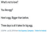What's not to love? You like egg? Here's egg. Bigger than before. Three days is all it takes for big egg. 2:29 PM Jul 25, 2019 from Vico Equense, Campania Twitter for Android