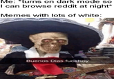 Me: *turns on dark mode so I can browse reddit at night* Memes with lots of white: Buenos Dias f------