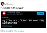 robin @welshsnarker THIS IMAGE IS SENDING ME r/relationship_advice + JOIN u/dennismiller2024 87d NSFW My (25M) subs (23F, 26F, 22M, 28M, 28M) have unionized Relationships 7:30 AM Jul 26, 2019 Twitter for Android