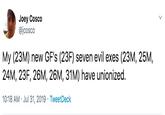Joey Cosco @jcosco My (23M) new GF's (23F) seven evil exes (23M, 25M 24M, 23F, 26M, 26M, 31M) have unionized. 10:18 AM Jul 31, 2019 TweetDeck