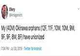 Ellery @Antagonisht My (40M) Okinawa orphans (12F, 11F, 10M, 10M, 9M, 9F, 9F, 8M, 8F) have unionized 7:34 PM Jul 30, 2019 Twitter for Android