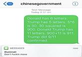 i chinesegovernment 10 Text Message Today 8:37 am Donald has 6 letters. Trump has 5 letters. 5*6 is 30. 30 squared is 900. Donald Trump has 11 letters. 900+11 is 911. Trump did 9/11 confirmed. MESSAGES now Illuminati Don't f----- move