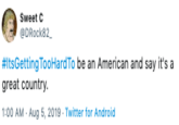Sweet C DRock82 #ItsGetting TooHardTo be an American and say it's a great country 1:00 AM Aug 5, 2019 Twitter for Android