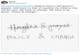 Erica ercuhcare04 #ItsGetting TooHardTo believe there's still good in people. And have no fear of weather my state or city will be next. We have to change. We have to do good. "Policy & change." Tptaryets POLICY &CHANGE 11:45 AM Aug 5, 2019 Twitter for iPhone