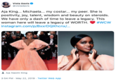 Viola Davis @violadavis Aja King... Michaela... my costar... my peer. She is positivity, joy, talent, wisdom and beauty on steroids. We have only a dash of time to leave a legacy. This woman here will leave a legacy of WORTH instagram.com/p/BxxrDQXhcnx/... #WCW Aja Naomi King 3:54 PM May 22, 2019 Twitter Web App