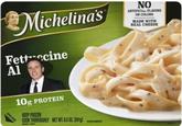 NO ARTIFICIAL FLAVORS OR COLORS Michelinas MADE WITH REAL CHEESE Fett cine Al 10g PROTEIN OPEN HERE KEEP FROZEN COOK THOROUGHLY NET WT.8.5OZ (241g) w310