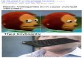 Let me press F on the smallest keyboard. (.redd.it) submitted 8 hours ago by KiraGoro Switch 5 comments share save hide give award report Reddit: Videogames don't cause violence! Streamers: Their keyboards: Amlajoke to you?