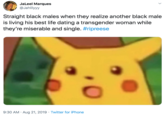 JaLeel Marques @Jahlilyyy Straight black males when they realize another black male is living his best life dating a transgender woman while they're miserable and single. #ripreese 9:30 AM Aug 21, 2019 Twitter for iPhone