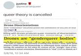 justine @precariatqueer queer theory is cancelled 15 1171 8 CrossRef citations Altmetric Views WINNER OF THE ENLOE AWARD 2014 Drone Disorientations HOW "UNMANNED" WEAPONS QUEER THE EXPERIENCE OF KILLING IN WAR Cara Daggett Pages 361-379 | Published online: 27 Aug 2015 Killing with drones produces queer moments of disorientation Drones are "genderqueer bodies" mhlan that In order to explore the queerness of killing with drones, I draw upon Sarah Ahmed's (2006) queer phenomenology to understand drone warfare as disor ienting, the sensation we feel when we venture off the "straight" lines of het ronormative sexual orientation. Disorientation is "vital" (157) to Ahmed, as it 3/8/18, 12:34 AM