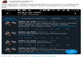 FusionAnimations BFDIA Master The person who hacked Etika's account is deleting the tweets I think. Here they are just in case they did T-Mobile A NO 11:02 Etika@ 999 11.4K Tweets Tweets Tweets & replies Media Likes Etika @ 999 @Etika 10m Shoutout to the people that tried saving me,Debug, Gurv, Joe, Aqua, Owen, Remain. It meant a lot. #ChucklingHella 711 51 303 Etika@ 999 @Etika 14m Don't tell Etika I'm on his account #Chuckled 1.248 t119 493 Etika @ 999 @Etika 16m I'm currently drowning 1,788 284 991 Etika@ 999 @Etika 17m I'm back alive! Currently chuckling da boyz@ discord.gg/gmYdyEhf #ChucklingHella #JobGotDone 2:03 PM Aug 24, 2019 Twitter for Android