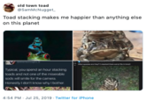 old town toad @SamMcNugget Toad stacking makes me happier than anything else on this planet roroughs Whai ser Typical, you spend an hour stacking toacds and not one of the miserable sods will smile for the camera Honestly I don't know why I bother 4:54 PM Jul 25, 2019 Twitter for iPhone