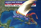 HURRICANE DORIAH LOCATION MAX WINDS NT PP 20.5 N, 66.6°W S MPH 85 MPH JACKSON HOUSTON MIAMI TUE AM MON AM SUN AM SAT A 85 MPH 125 MPH 125 MPH 120 MPH FRI AM 110 MPH CUBA HAITI PUERTO RICU