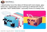 Kane Stasey @NikoTheSlayer I absolutely love the idea of Minecraft trans bees, gay bees etc. Especially since nothing in Minecraft has a gender. NOT SARCASM. I actually think it's really cool 9:23 PM Aug 25, 2019 Twitter for Android