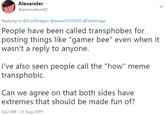 Alexander @alexmadsen00 Replying to @ScarfDragon @wuwu31074205 @TailsFiraga People have been called transphobes for posting things like "gamer bee" even when it wasn't a reply to anyone. I've also seen people call the "how" meme transphobic. Can we agree on that both sides have extremes that should be made fun of? 5:22 AM - 31 Aug 2019