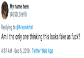 My name here @GSD_SteVB Replying to @ArsonArtist Am I the only one thinking this looks fake as f---? 4:57 AM Sep 5, 2019 Twitter Web App