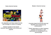 Modern Internet memes Early Internet memes Dinner Harocs -An adaptable and fairly simple formula that manages to outlive it's heyday -A quickly dated format that lacks the flexibility and creativity of its predecessors -Doesn't pander to the lowest common denominator to be funny and popular -Totally dependent on either tasteless political commentary or self deprecation to compensate for its shortcomings