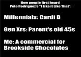 How people first heard Pete Rodriguez's "I Like it Like That": Millennials: Cardi B Gen Xrs: Parent's old 45s Me: A commercial for Brookside Chocolates
