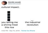 Shrimp Fried Rice blondie wasabi @blondiewasabi cultural impact: you telling me a shrimp fried the industrial revolution this rice 3:32 PM Sep 10, 2019 Twitter for iPhone