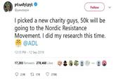 pewdiepie Follow @pewdiepie I picked a new charity guys, 50k will be going to the Nordic Resistance Movement. I did my research this time. e @ADL 12:10 PM 12 Sep 2019 17,293 Retweets 278,460 Likes t 17K 2.9K 278K