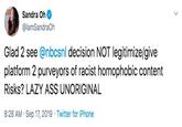 Sandra Oh @lamSandraOh Glad 2 see @nbcsnl decision NOT legitimize/give platform 2 purveyors of racist homophobic content Risks? LAZY ASS UNORIGINAL 8:28 AM Sep 17, 2019 Twitter for iPhone