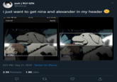 josh RUI SZN @lolocxz i just want to get nina and alexander in my header 1 27 % AT&T 01:24 Apply Cancel 9:57 PM Sep 21, 2019 Twitter for iPhone 2.3K Retweets 1.9K Likes