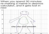 When you spend 30 minutes re-making a meme in desmos calculator, and it gets lost in new 100 80 -60 40 cha cha real smooth 20 80 40 60 100 20
