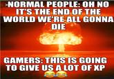 NORMAL PEOPLE: OH NO IT'S THE END OF THE WORLD WEREALL GONNA DIE GAMERS: THIS IS GOING TO GIVE US A LOT OF XP