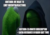NINTENDO: WE WANT TO LIMIT MICROTRANSACTIONS NINTENDO: $5/MONTH SUBSCRIPTION +GACHA MECHANICS IN MARIO KART TOUR
