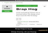 feedback.minecraft.net - Piglin Beast Naming Unfollow 1 0 Votes Brap Hog Vote Cool sounding name, he is named after his deep oink that sounds like braaap Sweet Beast shared this idea. Today at 17:11 Edited Report Post Brap Hog or bust. ifunny.ce Deep ifunny, do ya thang.